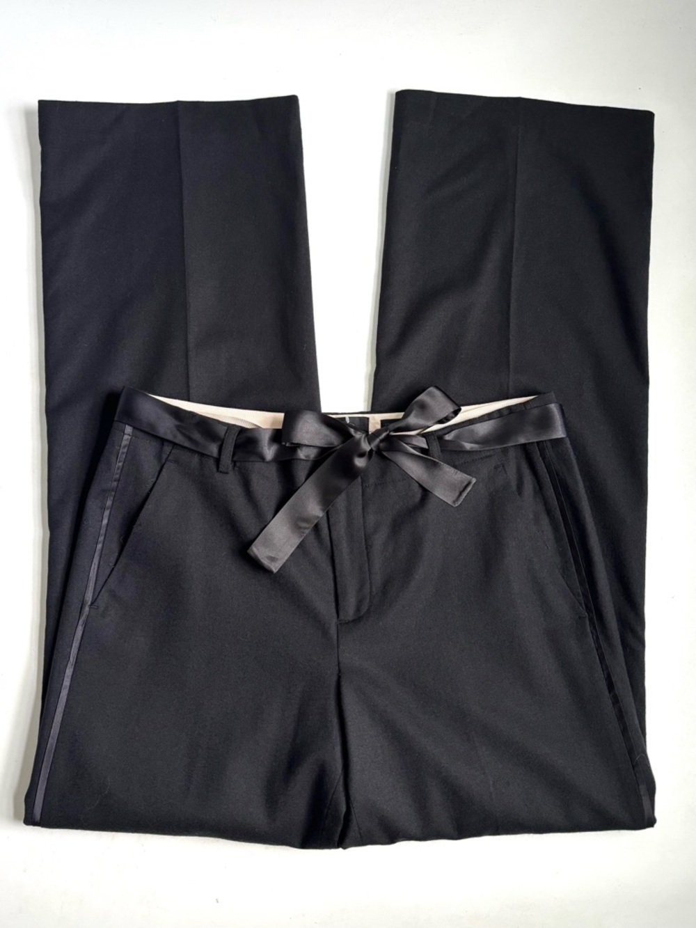 Banana Republic Wool Trouser Tuxedo Belted Wide Leg Straight Pants Black Size 6